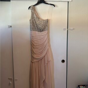 Ramy Brook One-Shoulder Sequin and Chiffon Gown in Blush and Silver